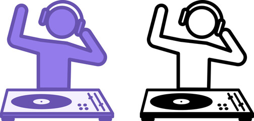 DJ Icons. Vector Illustrations Of Dancing DJ. DJ In Headphones Playing On DJ Mixer. Music Concept