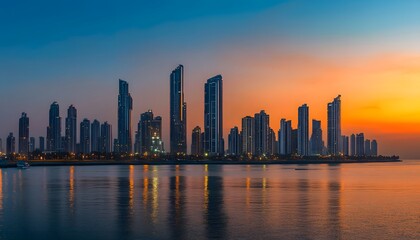Obraz premium City Skyline Reflected in Still Water at Sunset