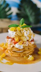 Vanilla ice cream with strawberry on wafell