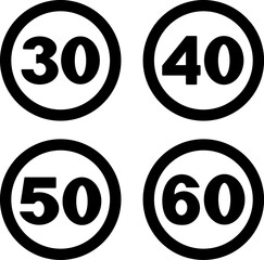 Speed ​​Limit Signs. Vector Icons. Prohibitory Road Signs. Maximum Allowable Speed ​​of Vehicle