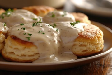 A plate of biscuits served with a rich and savory gravy sauce