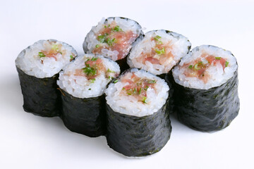 Negitoro Maki Sushi. Otoro rolled with Sushi rice wrapped by dried seaweed 