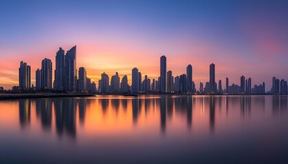 Skyscrapers reflecting in calm water at sunset