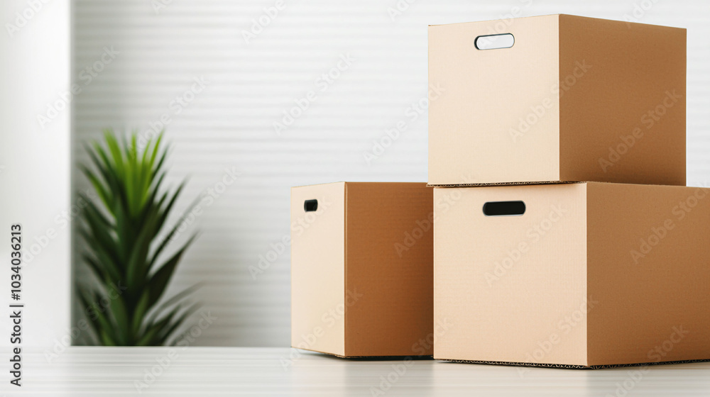 Poster neatly arranged cardboard boxes on table create organized workspace, complemented by green plant in 