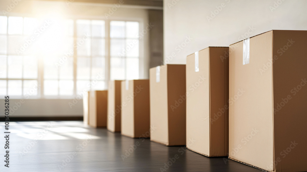 Aufkleber modern office space with cardboard boxes lined up, creating minimalist and organized atmosphere. sun