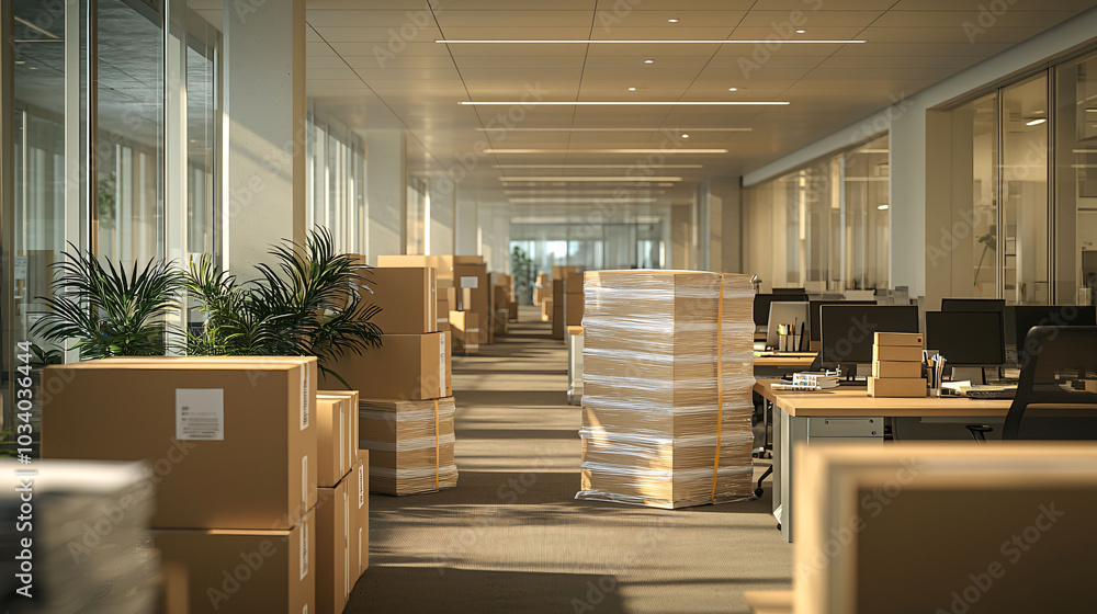 Aufkleber modern office with packed and sealed boxes creating busy atmosphere, showcasing workspace ready for 