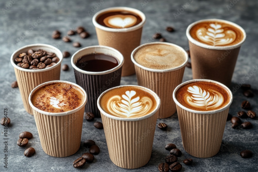 Poster a collection of cups with coffee sitting on a table
