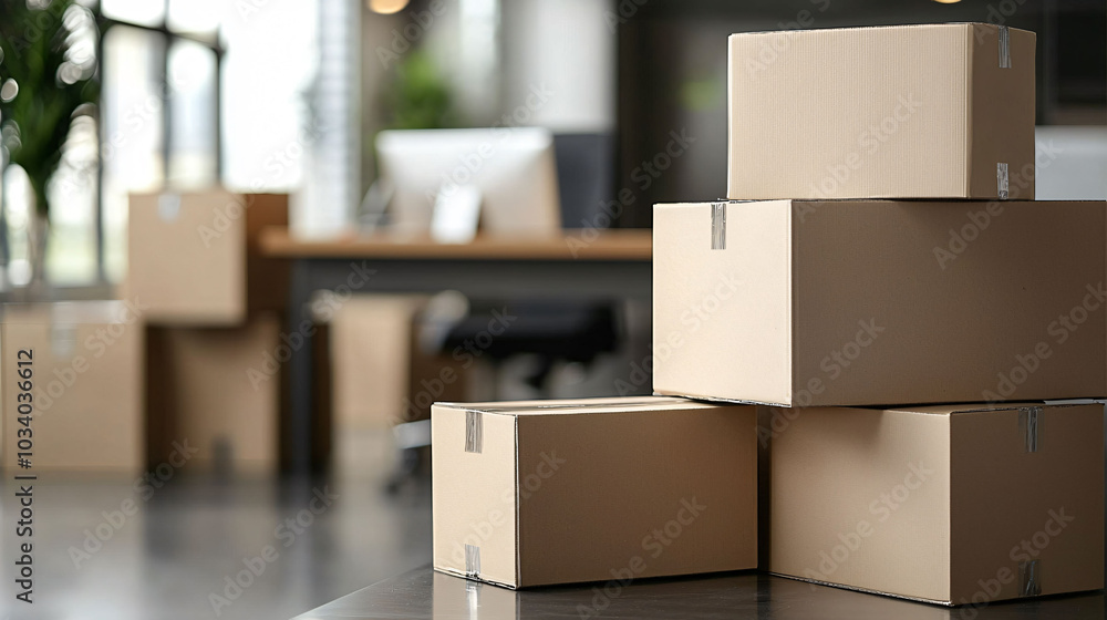 Poster neatly stacked moving boxes in minimalist office setting create organized and efficient workspace. c