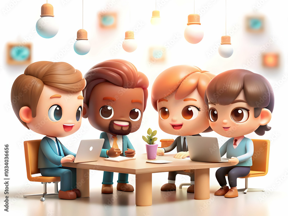 Poster diverse professionals brainstorming ideas in a modern office with abstract bokeh digital art element