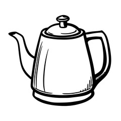 A black and white drawing of a teapot. The teapot is sitting on a table and has a lid on top. The teapot is the main focus of the image and it is a simple and elegant design