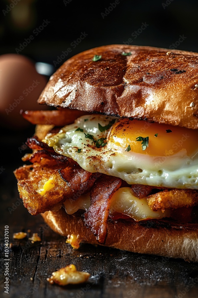 Wall mural Freshly made breakfast sandwich with crispy bacon, fried eggs, and toast on a rustic wooden table