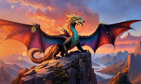 A majestic dragon with golden scales and vibrant wings stands on a cliff overlooking a sprawling mountainous landscape, bathed in the glow of a dramatic sunset.