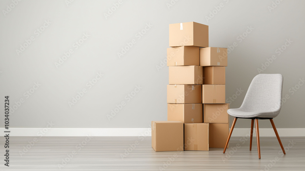 Poster moving boxes stacked next to modern chair in minimalist office space, creating sense of organization