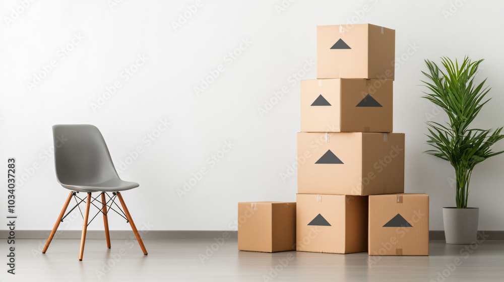 Poster stack of cardboard boxes is neatly arranged next to modern chair and potted plant, creating minimali