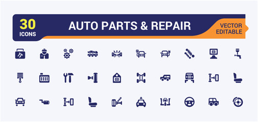 Set of solid icons with auto parts and repair. Containing electrical equipment, engines and other special equipment. Filled symbol for Auto parts store. Pixel prfect glyph icons pack.