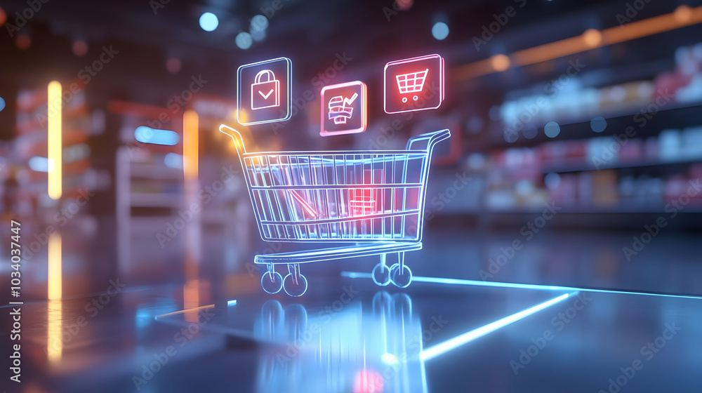 Poster 3d holographic shopping list icons above glowing cart and checkmark on glossy table - futuristic pur