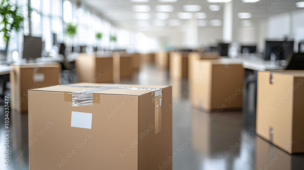 Poster moving boxes are packed and sealed in brightly lit office space, creating organized and efficient en
