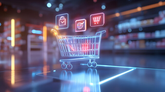 3D Holographic Shopping List Icons Above Glowing Cart and Checkmark on Glossy Table - Futuristic Purchase Concept with Copy Space