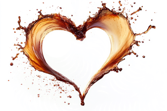 A coffee wave forming a heart shape in mid-air, a white background