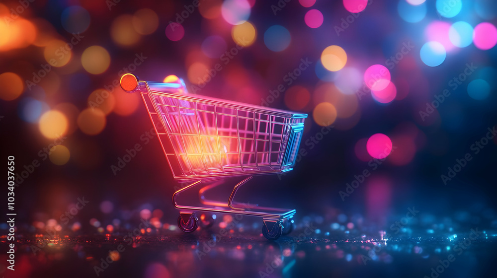 Poster 3d soft abstract shopping cart icon concept - a digitally rendered image featuring a glowing shoppin