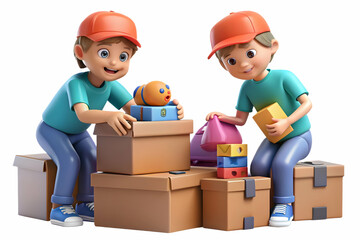 Kids Sorting and Packing Toys: Two Diligent Kids Organizing and Packing Toys into Boxes on Plain Background | Playful Teamwork Concept in Photo Stock