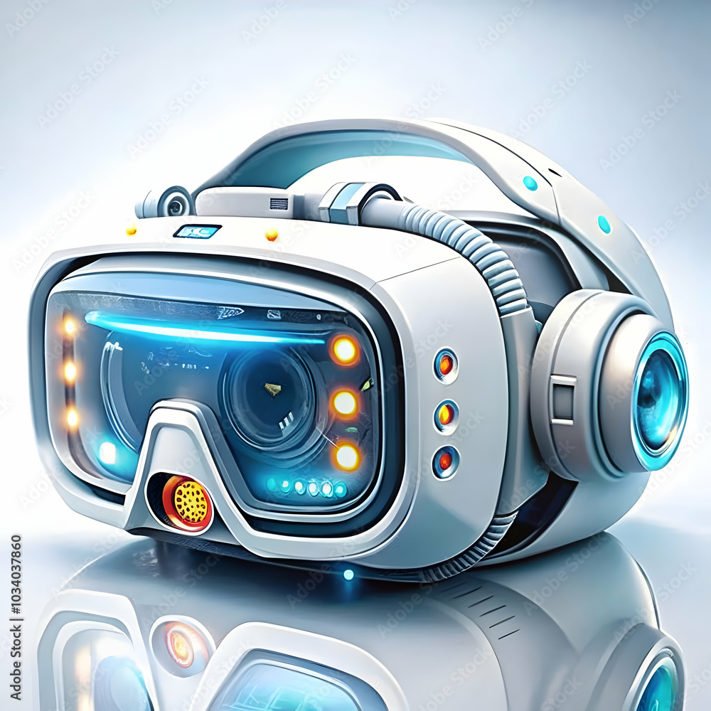 Poster macro close-up of a futuristic virtual reality headset with led indicators - stunning detail of adva