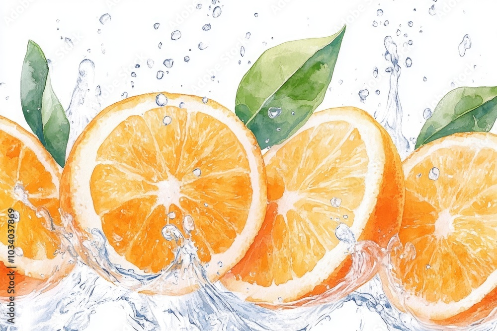 Poster a group of oranges surrounded by water droplets, creating a refreshing and juicy scene