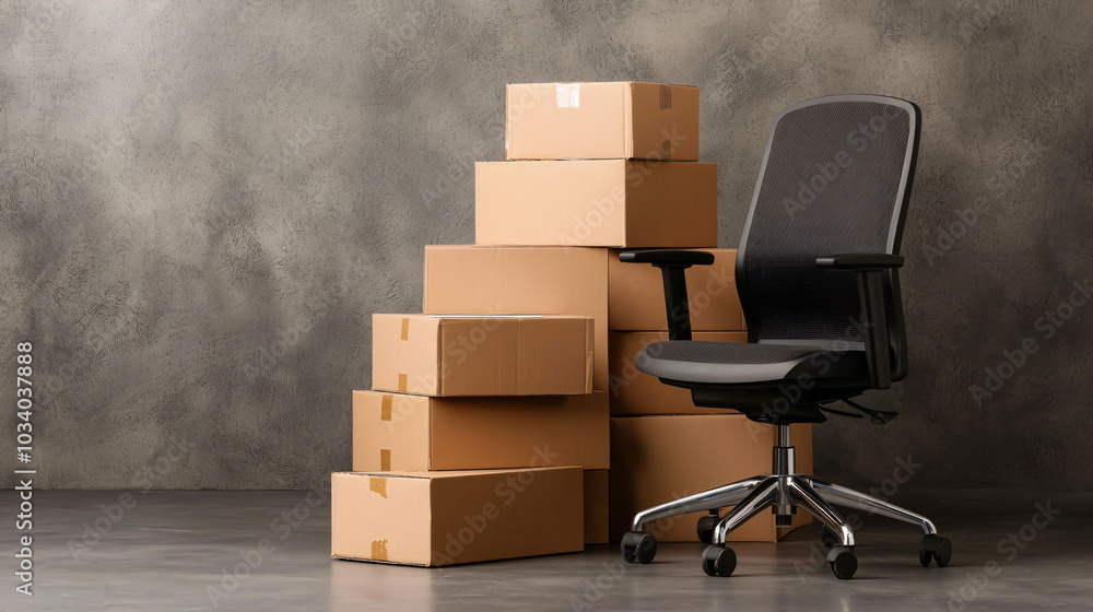 Aufkleber stacked cardboard boxes and office chair create functional workspace. arrangement suggests organizat