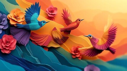 Obraz premium Colorful paper cut origami birds, vibrant silhouette layers, 3D illustration