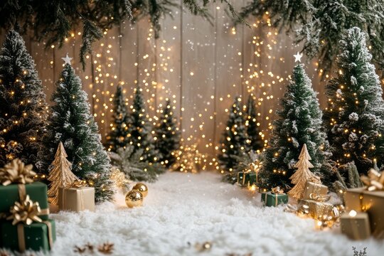 Low-angle Christmas backdrop with stars, presents, golden lights, and boho-draped green trees against a white wooden wall, dark vintage style.