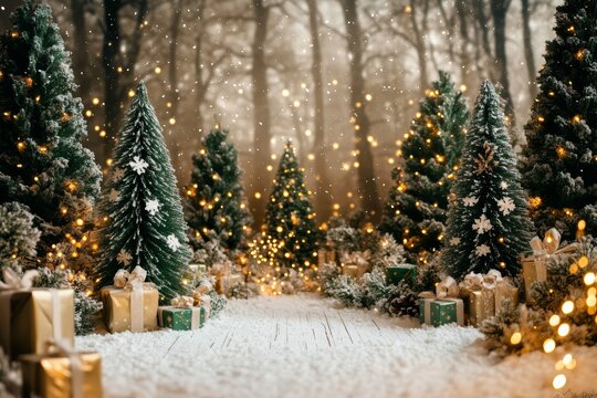 Low-angle Christmas backdrop with stars, presents, golden lights, and boho-draped green trees against a white wooden wall, dark vintage style.