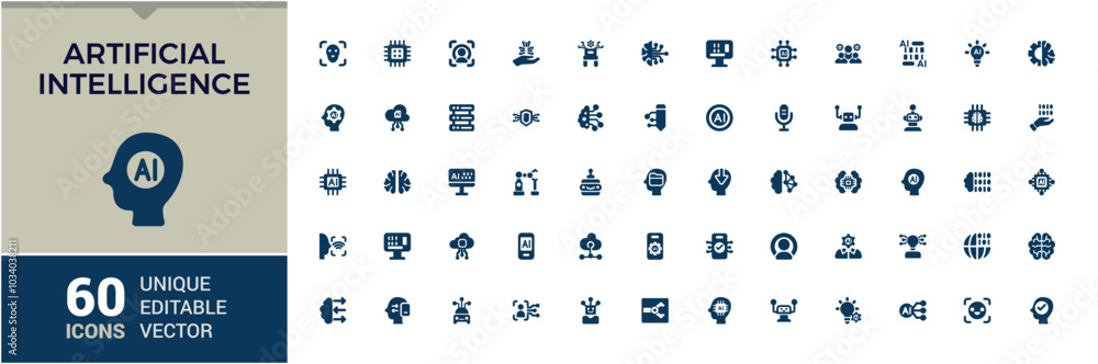 Poster artificial intelligence solid icons set. collection of machine learning, connection, networking and 
