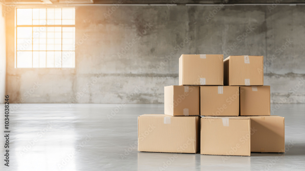 Poster sunlight illuminates stacked cardboard boxes in empty industrial space, creating warm and inviting a