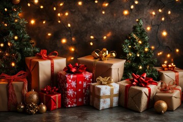 Low-angle Christmas backdrop with stars, presents, golden lights, and boho-draped green trees against a white wooden wall, dark vintage style.