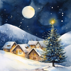 Fototapeta premium Verschneites Bergdorf zur Weihnachtszeit, Aquarell 