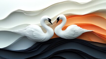 Fototapeta premium Layered paper cut origami swans, flowing silhouette, 3D illustration