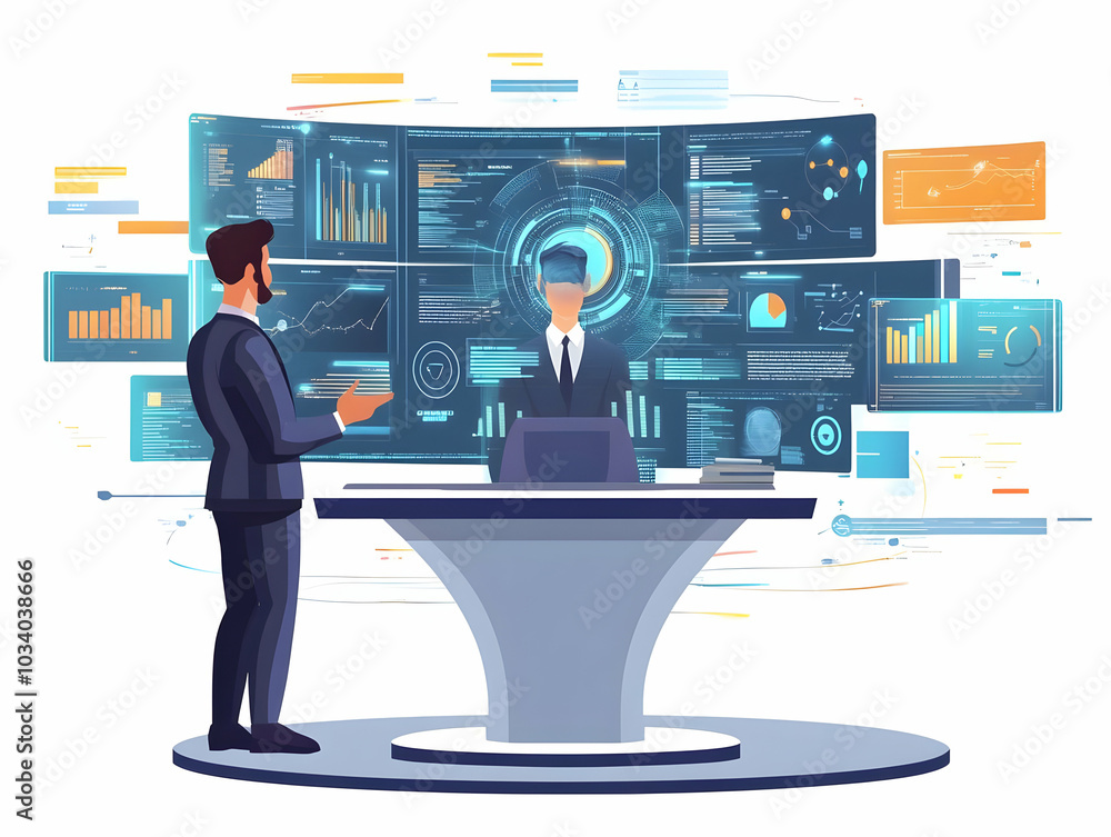 Poster flat ai-powered debate moderator: close-up of holographic ai analyzing political debate in real-time