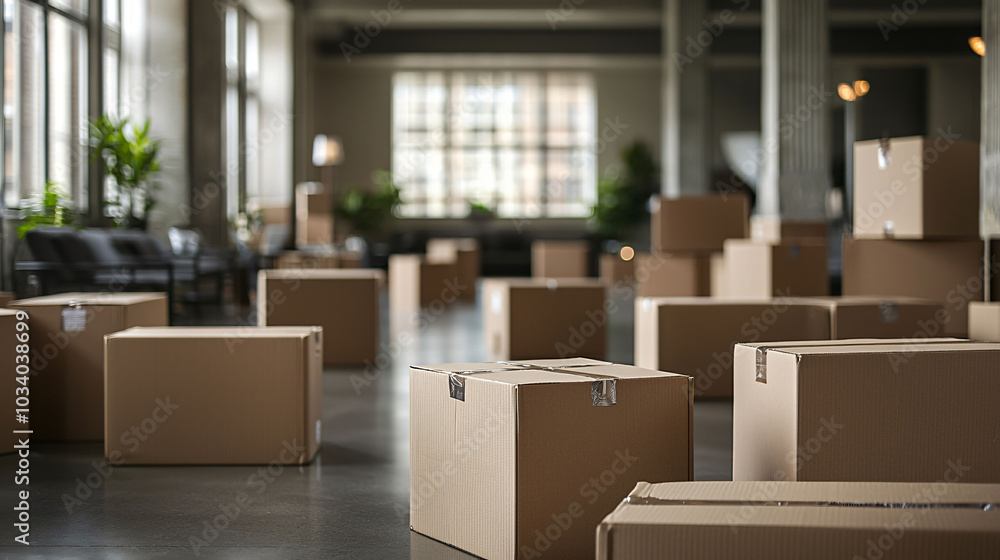 Poster neatly arranged cardboard boxes fill spacious workspace, creating organized and efficient environmen