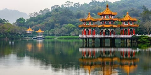 Obraz premium A traditional Asian-style pagoda sitting peacefully on calm water