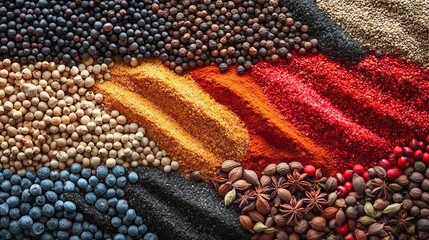 Close-up of colorful spices arranged in a mosaic pattern, ideal for food or culinary advertising, promoting exotic flavors or ingredients.