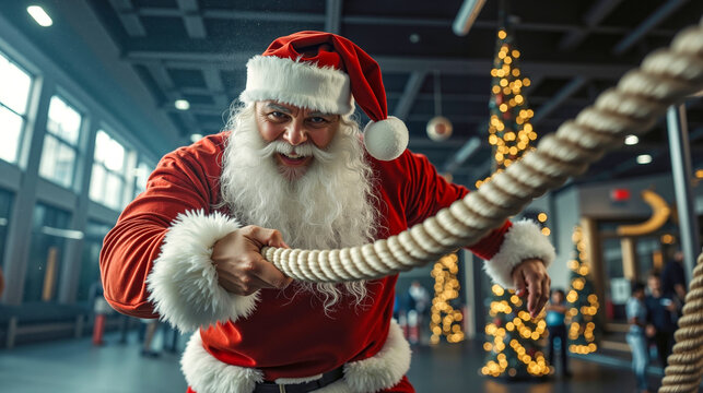 A man dressed as Santa Claus pulling a rope in a gym