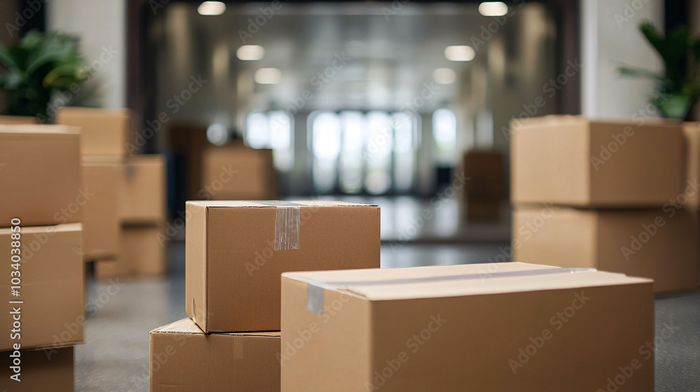 Poster minimalist workspace featuring cardboard boxes arranged in modern setting, creating sense of organiz