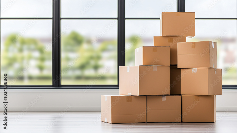 Poster stack of cardboard boxes is neatly arranged in bright workspace with large windows, allowing natural
