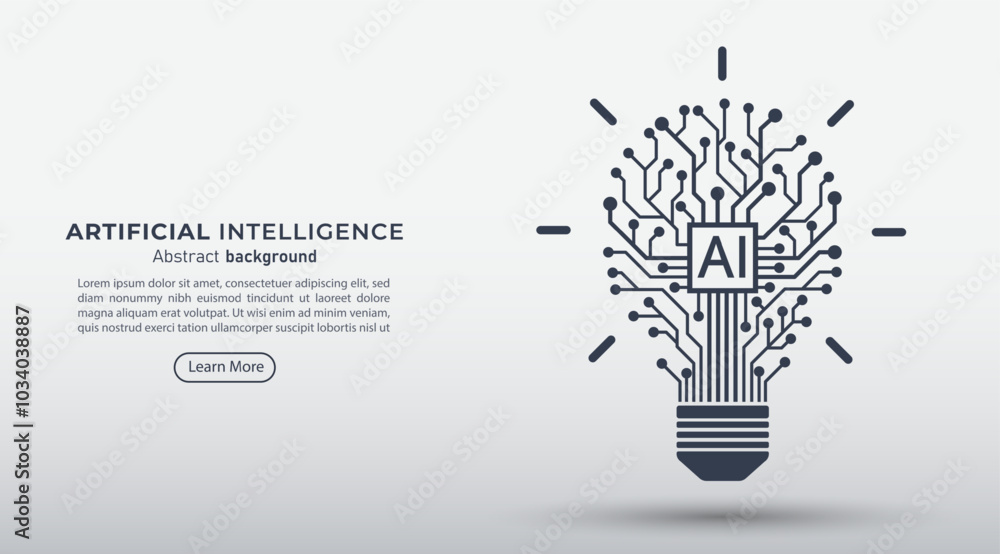 Poster Circuit board light bulb with AI chip. Idea and innovation by AI. Artificial intelligence, Machine learning technology and business concepts. Vector Illustration.