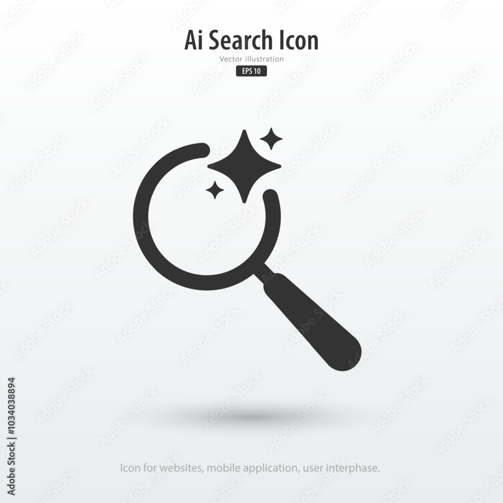Poster AI-search icon. A magnifying glass with stars. Searching or finding and analysis by Machine learning. Artificial intelligence technology. Icon element for application and web. Vector illustration.