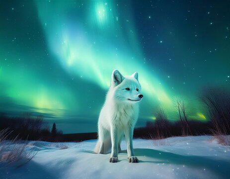 Polarfuchs unter einer gr&uuml;nen Aurora in einer Winternacht