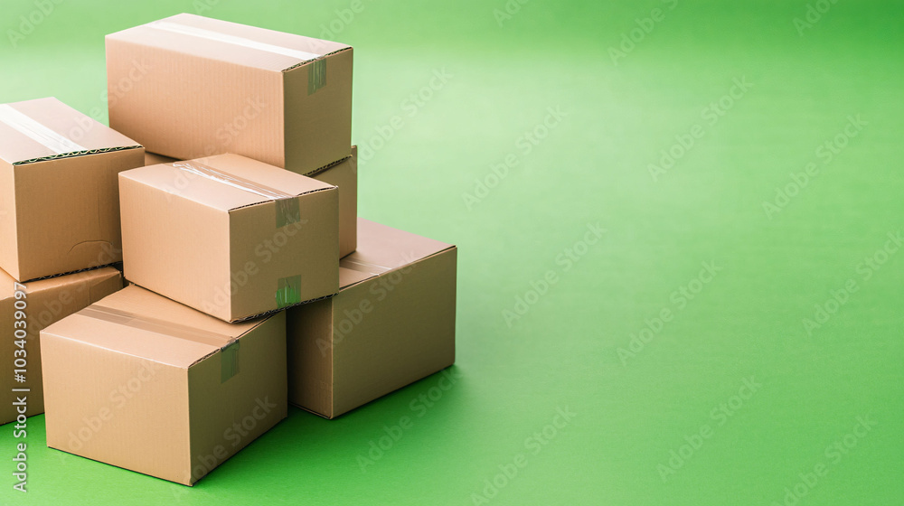 Poster neatly stacked empty cardboard boxes on vibrant green background create clean and organized look, pe