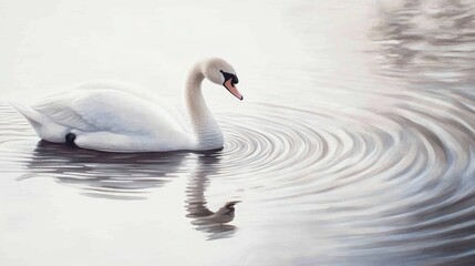 Fototapeta premium Serene scene of a swan gliding through tranquil waters, with soft ripples and delicate reflections, exuding timeless elegance.