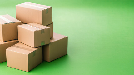 Neatly stacked empty cardboard boxes on vibrant green background create clean and organized look, perfect for various storage or shipping needs