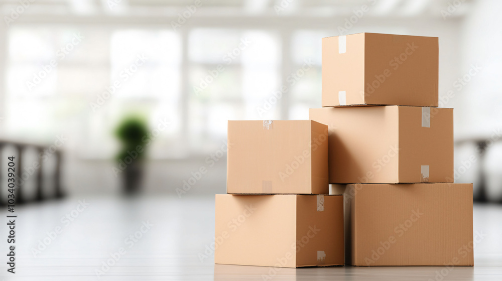 Aufkleber neatly stacked cardboard boxes in spacious room create organized and tidy atmosphere, perfect for st